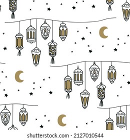 Ramadan seamless pattern with lanterns and stars. Perfect for wrapping paper, greeting cards, wallpaper. Islamic holidays. Vector illustration