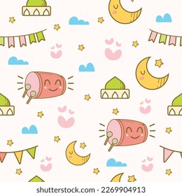 Ramadan seamless pattern. Ornament bedug, moon, mosque, clouds and flag. Islamic theme. Vector illustration. Design for background, wallpaper, wrapping paper, greeting cards