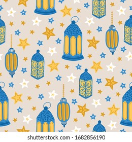 Ramadan seamless pattern with stars and lanterns on beige background. Perfect for wallpaper, wrapping paper, greeting card, islamic holidays. Vector illustration