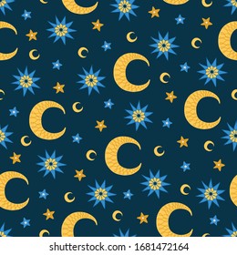 Ramadan seamless pattern with stars and moons on dark background. Perfect for wallpaper, wrapping paper, greeting card, islamic holidays. Vector illustration