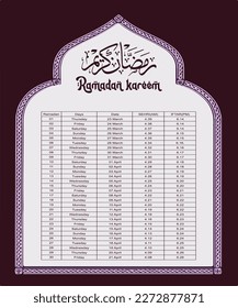 Plantilla de calendario de calendario iftar de Ramadan sehri.