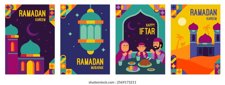 Ramadan. Set of colorful vector illustrations. Festive posters featuring a family having iftar, vibrant buildings, and ornaments. Perfect for banners, postcards, posters, or covers.