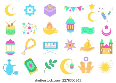 Ramadan set graphic elements in flat design. Bundle of crescent, star, garland, fireworks, drum, lantern, oil lamp, carpet, rosary, koran book, gift and other. Vector illustration isolated objects