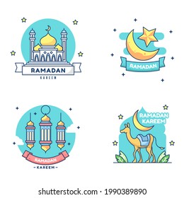 Ramadan set vector illustration. Mosque, lantern, moon and camel ramadan theme concept. Flat cartoon style.
