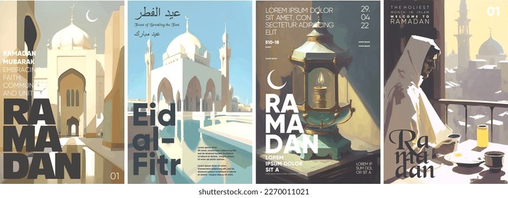 Ramadan. Set of vector illustrations. Typographic poster design and watercolor art on background.