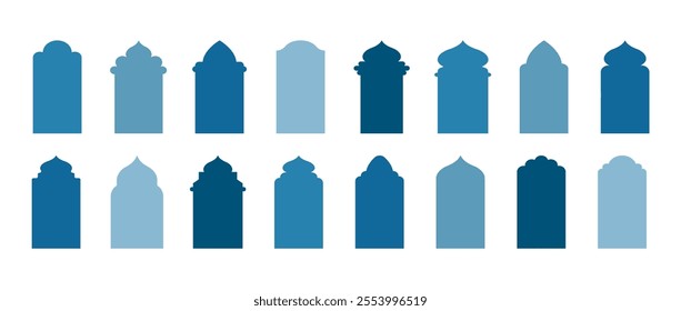 Ramadan Shape Door. Arabic architecture. Set of blue Moroccan gates. Traditional Vector illustration.