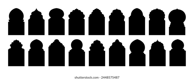 Puerta con forma de Ramadán, Arco y Ventana. Conjunto de marcos islámicos. Vector Elementos árabes en estilo minimalista boho para etiquetas, logotipo, Plantillas de Anuncio.