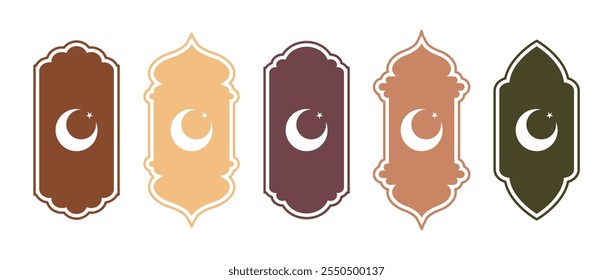 Ramadan Shape Windows. Set of beige Arabic frames isolated on white background. Ramadan kareem sticker. Flat Vector illustration.