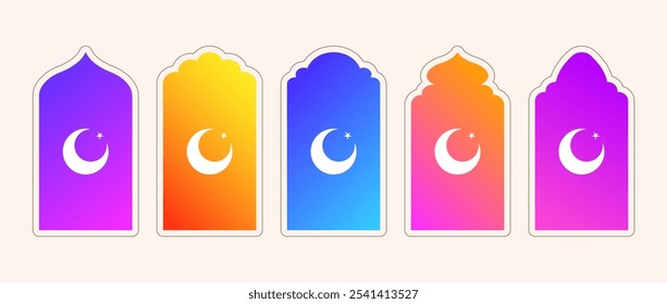Ventanas de forma de Ramadán. Conjunto de marcos árabes degradados aislados sobre fondo beige. Etiqueta engomada del kareem del Ramadán. Fiestas musulmanas. Ilustración vectorial plana.