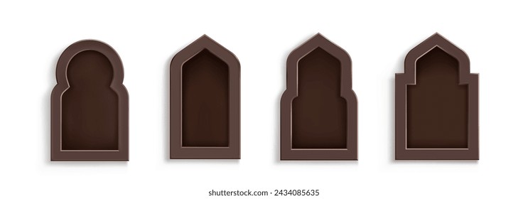 Fenster in Ramadan-Form auf weißem Hintergrund. Vektor-realistische Illustration der traditionellen Islam Moschee oder arabischen Palast Design-Elemente, braune Holztür oder Tor, Nahost-Architektur