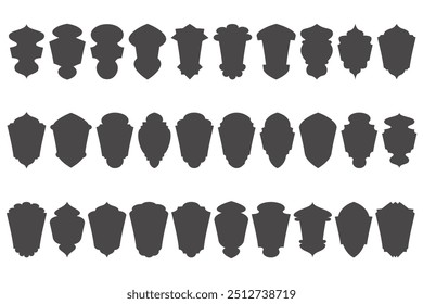 Ramadan shapes. Islamic vector frame with pattern. Arabic and Indian design element with ornament. Oriental arch and door labels. Traditional Turkish lantern silhouettes