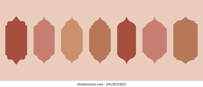 Ramadan shapes of windows and doors design. Islamic arches with Turkish ornament. Muslim oriental templates for banner and decor. Vector symbols.