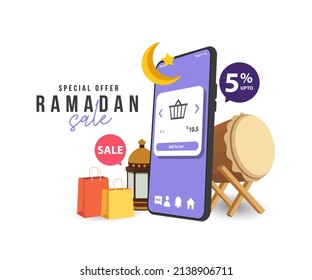 Ramadan Shopping banner, Background crescent with star and lanterns, smartphone, bag for product promo.