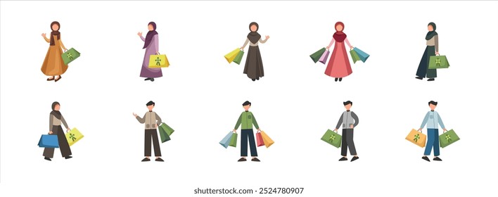 Conjunto de ilustración plana de Ramadán Shopping. Incluye de descuento, musulmán, Carrito, y santo. Ilustración vectorial aislada.