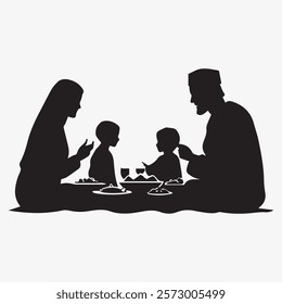Ramadan Silhouette of a Family Having Iftar Together. Father, Mother, Son, Daughter having meal together