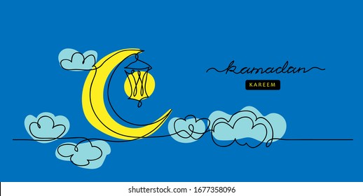 Ramadan simple  minimalist blue vector background and lantern  crescent  moon  clouds  One continuous line drawing 