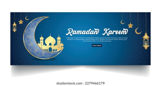 Ramadan social media banner design template with Islamic elements and patterns.