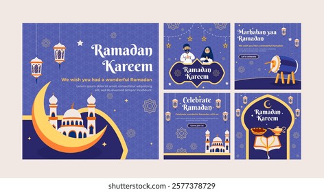 Ramadan Social Media Post blue design set. A good template for advertising on social media. Perfect collection for social media posts, background, and web banner internet ads.