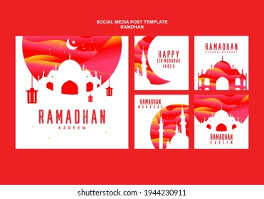 Ramadan Social Media Post Bundle. with an orenge-colored mosque illustration.