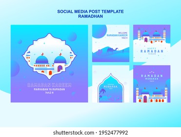 Ramadan Social Media Post Bundle. with a background illustration of a mosque, flat style