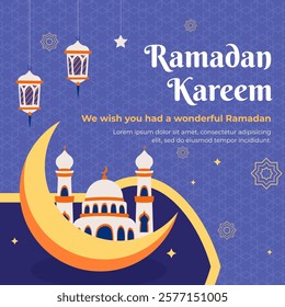 Ramadan Social Media Post design with mosque, crescent moon, hanging lamp. A good template for advertising on social media. Perfect for social media posts, background, and web banner internet ads.