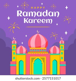 Ramadan Social Media Post design with mosque and fireworks. A good template for advertising on social media. Perfect for social media posts, background, and web banner internet ads.