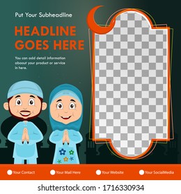 Ramadan social media post template banners ad Premium Vector 
with flat illustration cartoon charachter ramadan background. Month of fasting for Muslims.