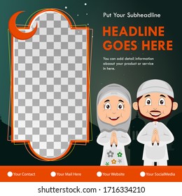 Carteles de plantilla de publicaciones en medios sociales de Ramadán y Vector Premium 
con ilustración plana el personaje ramadan fondo. Mes de ayuno para los musulmanes.