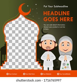 Carteles de plantilla de Ramadán vectores con ilustraciones planas caricaturas de fondo ramadan. Mes de ayuno para los musulmanes.