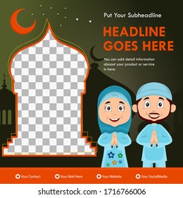Ramadan social media post template banners vector with flat illustration cartoon characters ramadan background. Month of fasting for muslims.