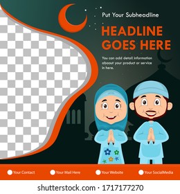 Ramadan social media post template banners vector with flat illustration cartoon characters ramadan background. Month of fasting for muslims.