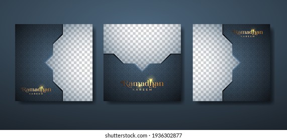 Ramadan social media post template banner ad design. Islamic arabesque background with dark blue and golden effect. Editable space image or photo. Vector illustration.