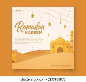 Ramadan social media post template banner design with moon, mosque, and lantern background for social media posts and web ads.