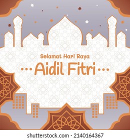Ramadan social media post template with mosque frame - hari raya aidilfitri Transalation Happy Eid