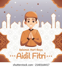 Ramadan social media post template man portrait illustration - hari raya aidilfitri Transalation Happy Eid