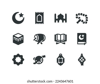 Ramadan solid glyph icon set with Islam and Muslim related icons