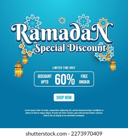 Ramadan special discount blue color with hanging lantern and flower. Muslim year event