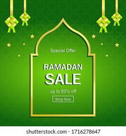 Ramadan special offer design template design using the rhombus and the entrance of the mosque is suitable for business sales in the fasting month