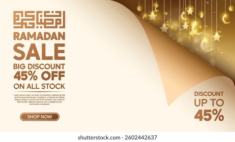 Ramadan Special Offer Flyer with Arabic Calligraphy Paper Folded with Crescent Moon