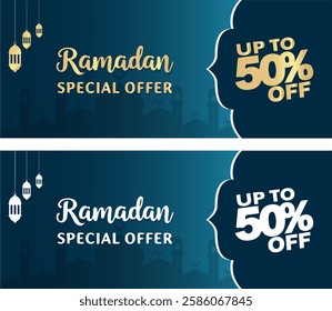 Ramadan Special Offer Sale UpTo 50% off. eps , Ramadan Islamic greetings banner background. Mosque, and lantern illustrations. Ramadan design for web banners, business, and header