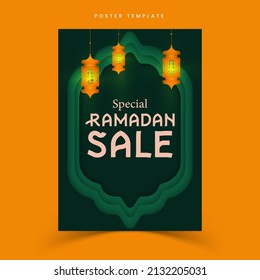 Los afiches especiales de Ramadán con estilos de papel y gradación son adecuados para la venta de ropa, descuentos, saludos de día de celebración, impresión, etc