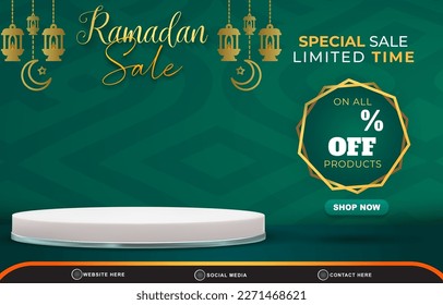 ramadan special sale discount template banner with blank space 3d podium for product sale with abstract gradient green background design