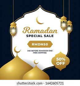 Ramadan special sale social media poster template vector design with hanging lantern lamp and islamic decoration illustration
