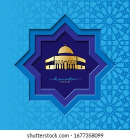 Tarjeta cuadrada Ramadan con el vector Domo en la ilustración de la mezquita Rock. Diseño de la tarjeta de recorte vectorial. Decoración de papel oscuro para ramadan.