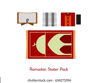 Ramadan Stater pack for muslim sarong prayer rugs cap Quran beads top view flat lay isolated vector illustration