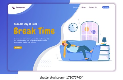 Ramadan stay at home concept with illustration of break time or rest during the day on landing page