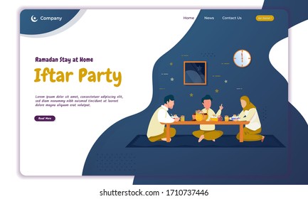 Ramadan Stay At Home Concept With Illustration Of A Family Breaking Fast Party On Landing Page
