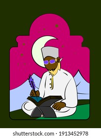 Ramadan stay at home concept with a Moslem man reading the holy Quran, landing page illustration