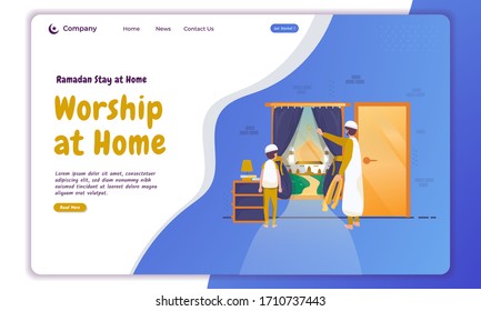 Ramadan stay at home concept with worship at home illustration on landing page