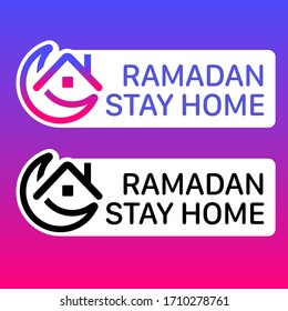 Ramadán quédate en casa. Icono de la cresta y del hogar. Símbolo de campaña en medios sociales, color sólido y degradado